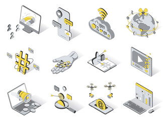 Aufkleber - Social media service concept 3d isometric icons set. Pack elements of content, emoji, like, hashtag, target, video, post, megaphone, marketing and other. Vector illustration in modern isometry design