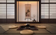 canvas print picture - Traditional japanese tea room interior with tatami mats and sun light.3d rendering
