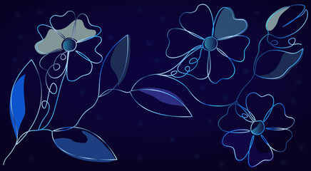 Wall Mural - Twig with flowers in one line. The line is filled with a gradient in blue tones with the effect of LED lighting. It looks original and spectacular. Color accents. Dark blue background.