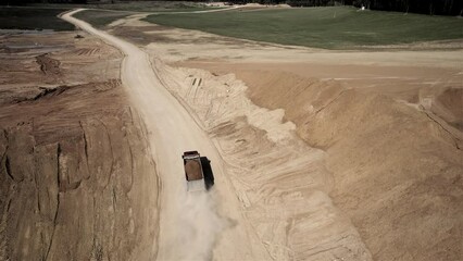 Wall Mural - Sand transport from open pit. Dump truck transports sand and gravel in open-pit mine, drone view. Bulk Transport for construction. Earthmoving in quarry. Lorry in opencast. Mining industry concept.