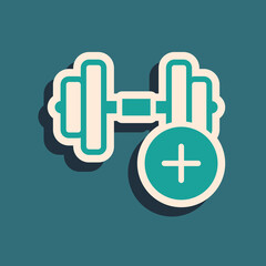 Sticker - Green Dumbbell icon isolated on green background. Muscle lifting, fitness barbell, sports equipment. Long shadow style. Vector