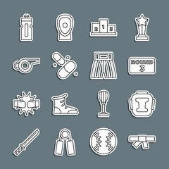 Sticker - Set line Black karate belt, Boxing helmet, ring board, Award over sports winner podium, Vitamin pill, Whistle, Fitness shaker and short icon. Vector