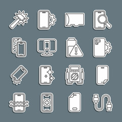 Wall Mural - Set line USB cable cord, Glass screen protector, Phone repair service, Micro SD memory card, Mobile with broken, Hammer and Smartphone battery charge icon. Vector