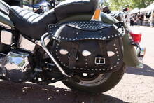 Classic Black Saddlebags With Rivets And Buckles For Custom Motorbike