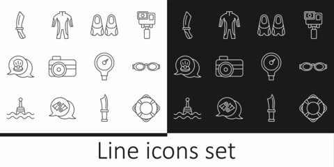 Set line Lifebuoy, Glasses for swimming, Flippers, Photo camera diver, Scallop sea shell, Diving knife, Gauge scale and Wetsuit scuba diving icon. Vector