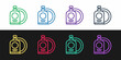 © vector_v - Set line Dishwashing liquid bottle and plate icon isolated on black and white background. Liquid detergent for washing dishes. Vector Illustration