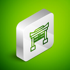 Wall Mural - Isometric line Japan Gate icon isolated on green background. Torii gate sign. Japanese traditional classic gate symbol. Silver square button. Vector Illustration