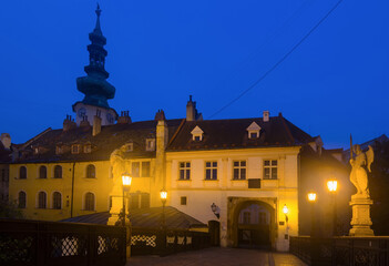 Wall Mural - Image of night streets of Bratislava with Michael Gate in Slovakia.