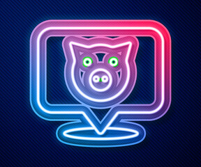 Wall Mural - Glowing neon line Pig icon isolated on blue background. Animal symbol. Vector