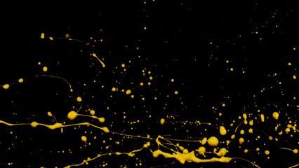 yellow liquid splashes, swirl and waves with scatter drops. Royalty high-quality free stock of paint, oil or ink splashing dynamic motion, design elements for advertising isolated on black background