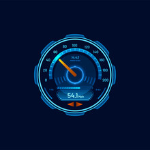 Speedometer, Futuristic Car Speed Meter Or Gauge Dial, Vector, Neon LED Digital Dashboard Interface. Car Races Speedometer Or Tachometer Display With Indicators Of Mph Speed, Engine Oil LED Counters