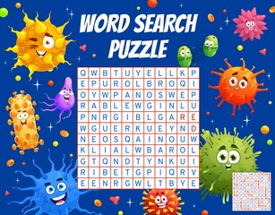 Poster - Cartoon viruses and germs, word search puzzle game worksheet, kids quiz Vector brainteaser crossword grid for children, find english words task with latin letters at square field and naughty bacilli