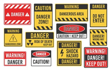 Wall Mural - warning, caution and dangerous area alert attention isolated vector signs and plates. danger yellow 
