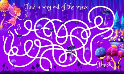Aufkleber - Labyrinth maze game with magic mushrooms forest. Find a way for fairy kids game vector worksheet, educational puzzle or children riddle with finding path activity with fairytale fungi and pixie