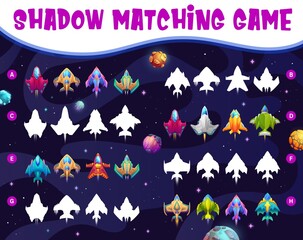 Poster - Shadow match game space shuttles, starships and spacecrafts in galaxy. Kids vector riddle worksheet for children logic activity, preschool or kindergarten educational boardgame with space shuttles