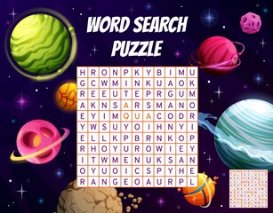 Leinwandbilder - Fantastic galaxy space planets for word search puzzle game, vector worksheet. Kids education quiz grid to search word of planets color in alien galactic space or cosmic fantasy universe