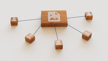 Image Technology Concept With Picture Symbol On A Wooden Block. User Network Connections Are Represented With Blue String. White Background. 3D Render.