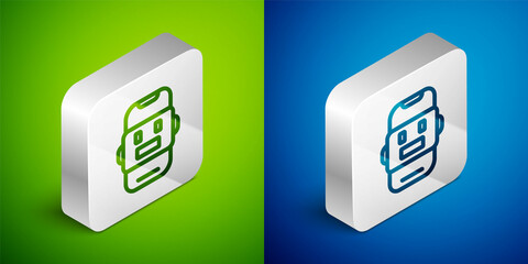 Wall Mural - Isometric line Chat bot icon isolated on green and blue background. Chatbot icon. Silver square button. Vector