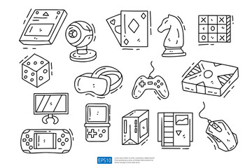 Game doodle icon illustration set. Hand drawing of Game Console Gadget