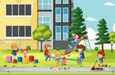 Wall Mural - Happy children playing at playground