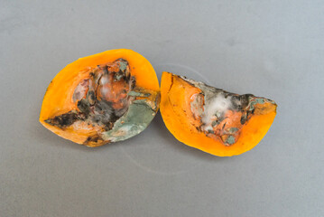 from above two very rotten pumpkin halves, mushroom food, junk food concept, gray background