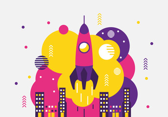 Wall Mural - rocket with city buildings