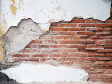 Background And Texture From Vintage Red Brick Wall Is Deteriorating, Concrete Wall Texture With Gray  Surface With Crack