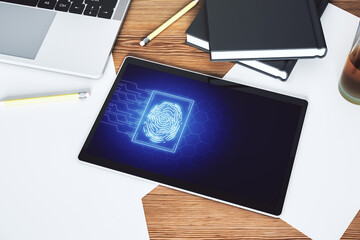 Fototapete - Abstract creative fingerprint illustration on modern digital tablet monitor, digital access concept. Top view. 3D Rendering