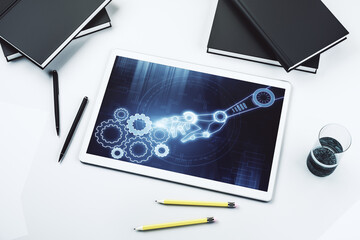 Aufkleber - Creative abstract robotics technology hologram on modern digital tablet display, artificial intelligence and machine learning concept. Top view. 3D Rendering