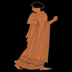 Standing ancient Greek girl clenching fist and looking back. Vase painting style. On black background.