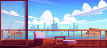 City Skyline View From Wooden Terrace, Outdoor Home Veranda Or Cafe Patio With Couch And Table. Cityscape Background With Modern Architecture Skyscrapers At Waterfront Bay, Cartoon Vector Illustration