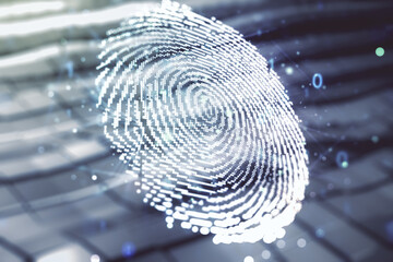 Poster - Multi exposure of virtual abstract fingerprint illustration on blurry abstract metal background, digital access concept
