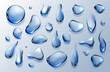 © klyaksun - Clear water drops, dew or dripping rain droplets isolated on transparent background. Vector realistic set of pure aqua liquid flows, condensation on cool surface