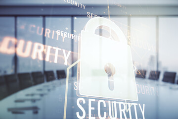 Poster - Virtual creative lock symbol and microcircuit illustration on a modern conference room background. Protection and firewall concept. Multiexposure