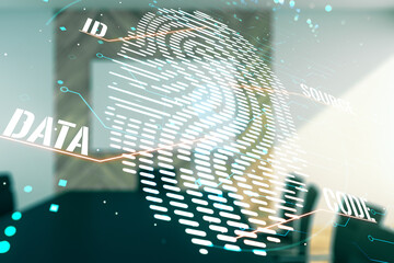 Poster - Double exposure of virtual creative fingerprint hologram on a modern boardroom background, protection of personal information concept