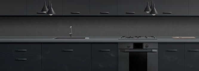 Modern kitchen with gas stove, sink and gray cupboards at night. Vector realistic illustration of dark kitchen interior with oven, cutting board with knife on counter and lamps