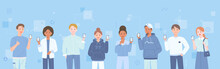 Social Network. People Standing With Mobile Phones. Flat Design Style Vector Illustration.