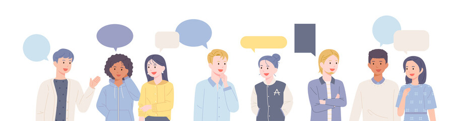 Poster - several young people are gathering and talking. flat design style vector illustration.
