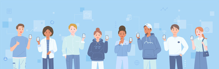 Wall Mural - social network. people standing with mobile phones. flat design style vector illustration.