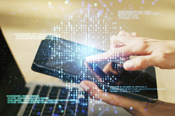 Poster - Creative concept of code skull illustration and finger clicks on a digital tablet on background. Hacking and phishing concept. Multiexposure