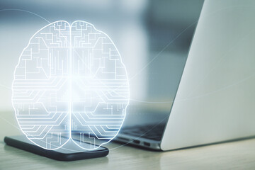 Aufkleber - Creative artificial Intelligence concept with human brain hologram on modern laptop background. Multiexposure