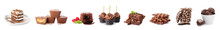 Set Of Tasty Chocolate Desserts On White Background