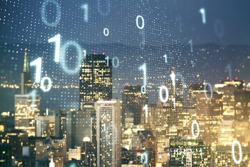 Aufkleber - Abstract virtual binary code sketch on San Francisco office buildings background, hacking and matrix concept. Multiexposure