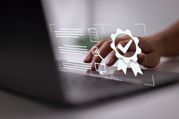 Poster - A businessman operating with the quality assurance, guarantee, standardization, ISO certification, and standardization idea as a hallmark of top service.
