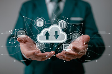 Leinwandbilder - A guy holding displaying a cloud computing schematic. Cloud computing networking and internet service principles for data storage.
