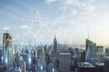 Poster - Abstract virtual financial graph hologram on New York skyline background, forex and investment concept. Multiexposure