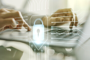 Aufkleber - Creative lock illustration with microcircuit and hands typing on computer keyboard on background, cyber security concept. Multiexposure