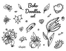 Floral Doodles Set - Boho Style. Outlines Boho Decorative Fantasy Hearts And Flowers, Butterfly And Feather - Simple Dark Lines On White Background.