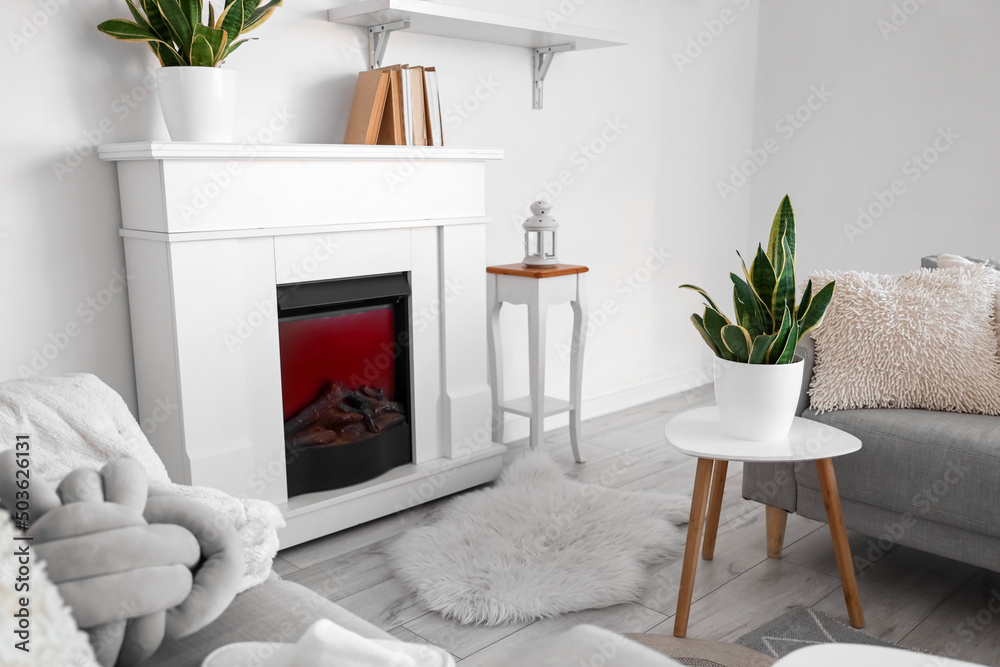 Fireplace, table with houseplant and sofas in light room interior