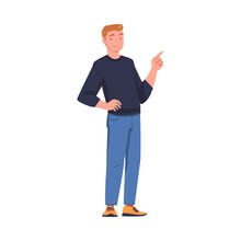 Young Smiling Man With Hand On Hip Indicating Finger In Standing Pose Vector Illustration